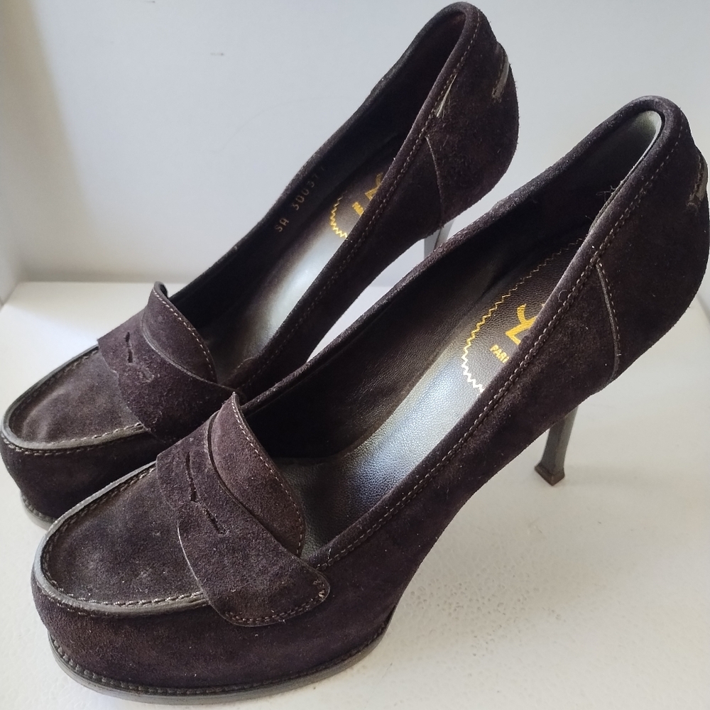 YSL BROWN SUEDE PENNY LOAFER PUMPS